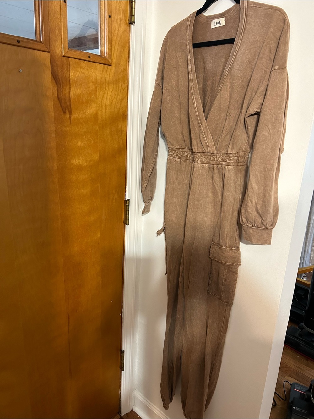 J. Her Waffle-Smock Utility Jumpsuit in Taupe